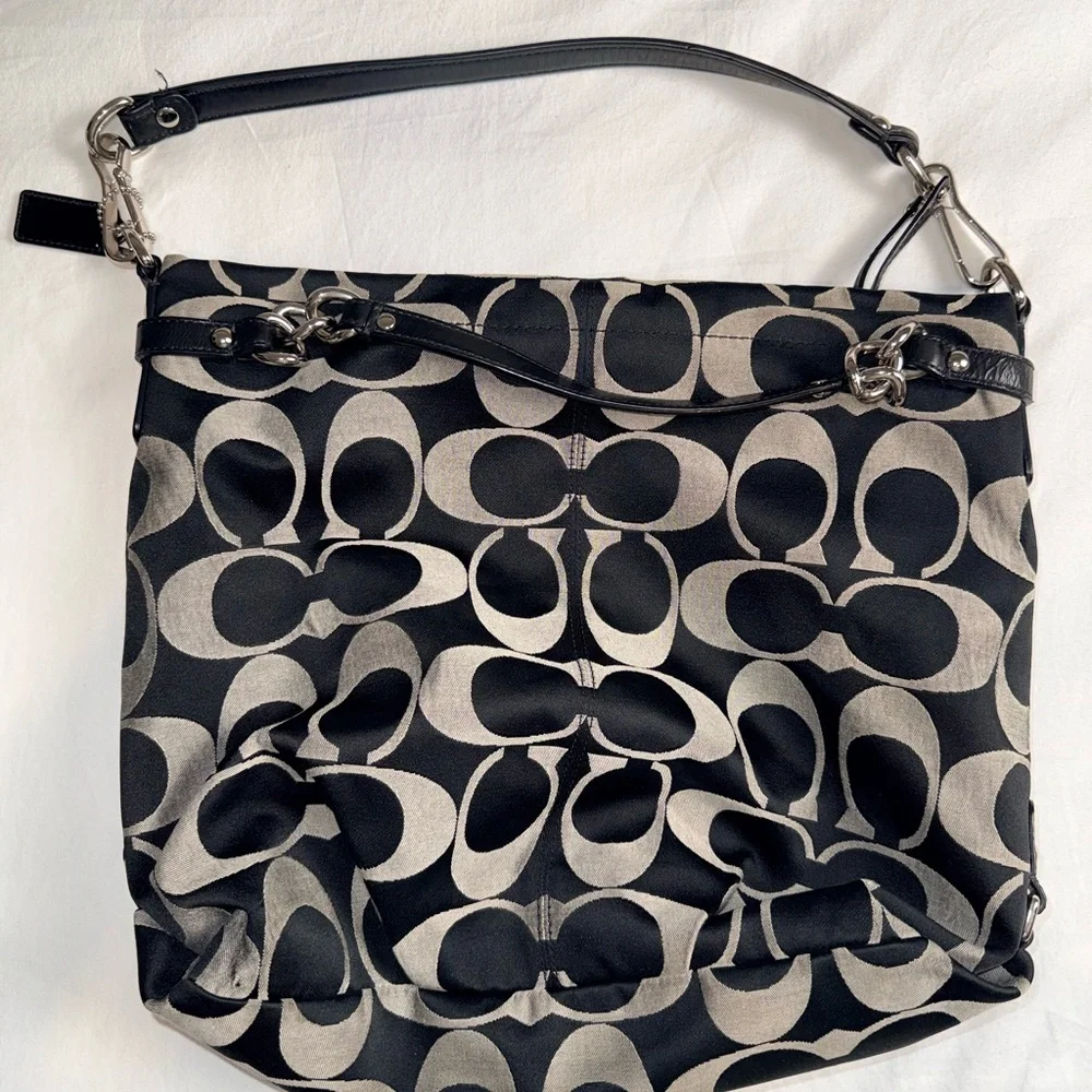 Coach Black & Gray Signature Canvas Hobo Shoulder Bag